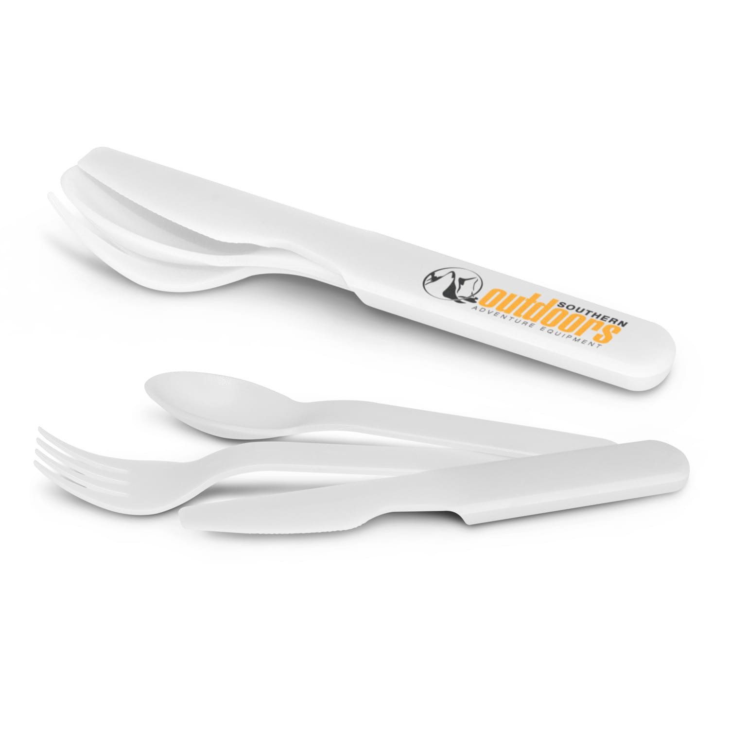 A white knife, fork, and spoon set displayed together, featuring a logo on the knife handle. Knife Fork and Spoon Set - Image 1