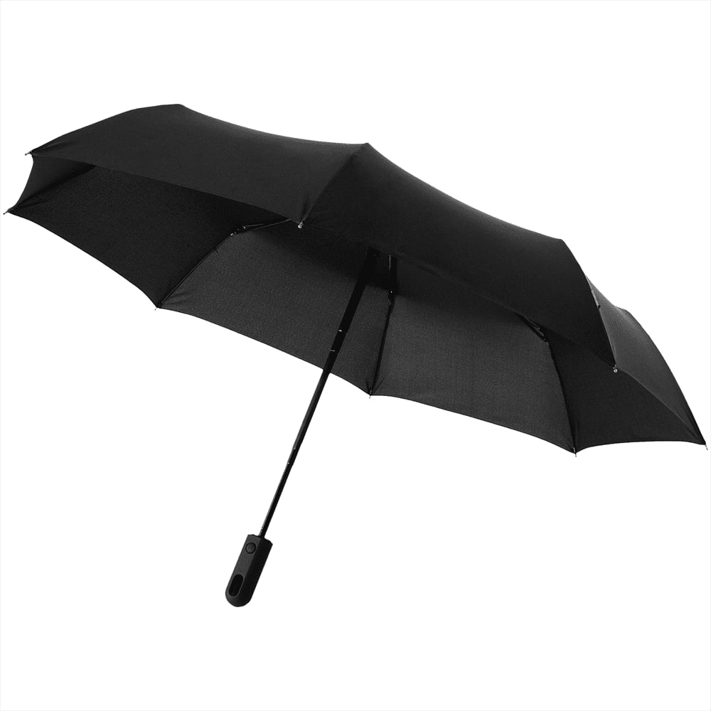 A black foldable umbrella with an automatic open/close feature and a black handle. It has a sleek, compact design. Trav 21.5" Foldable Auto Marksman Umbrella - Image 1