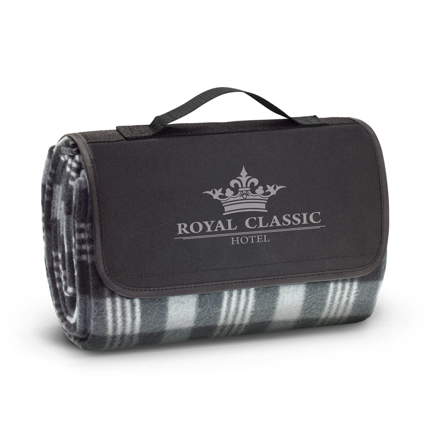 A folded picnic blanket in grey and green plaid, featuring a black carrying strap and a logo on the front. Colorado Picnic Blanket - Image 1