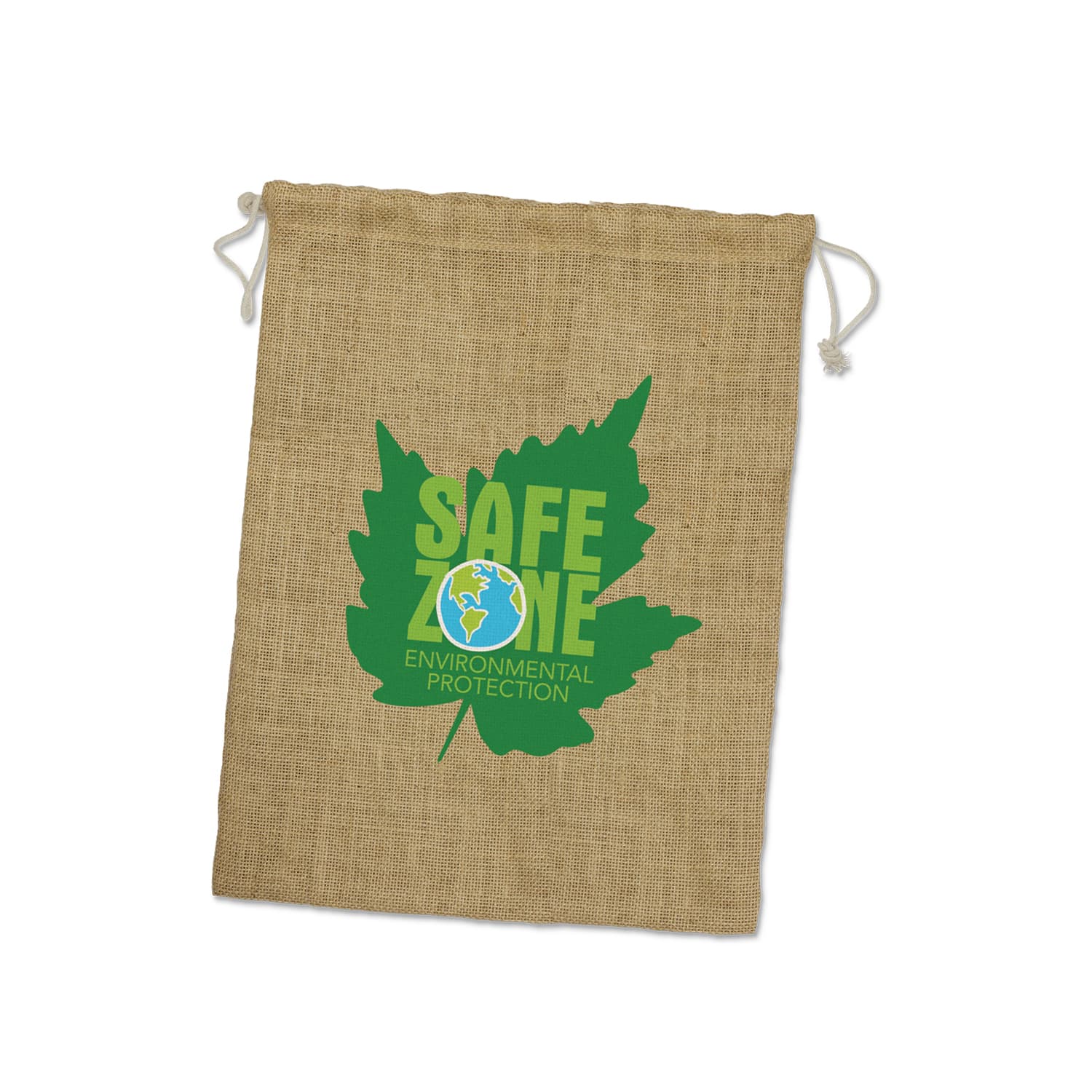 A large jute gift bag in natural beige with a green leaf design and a logo. Jute Gift Bag - Large - Image 1