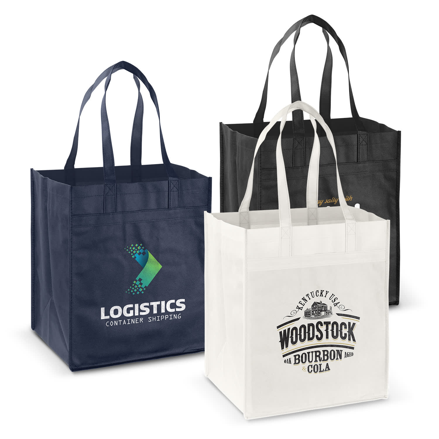 Three Mega Shopper Tote Bags in navy, black, and white, each featuring different designs and a logo. Mega Shopper Tote Bag - Image 1