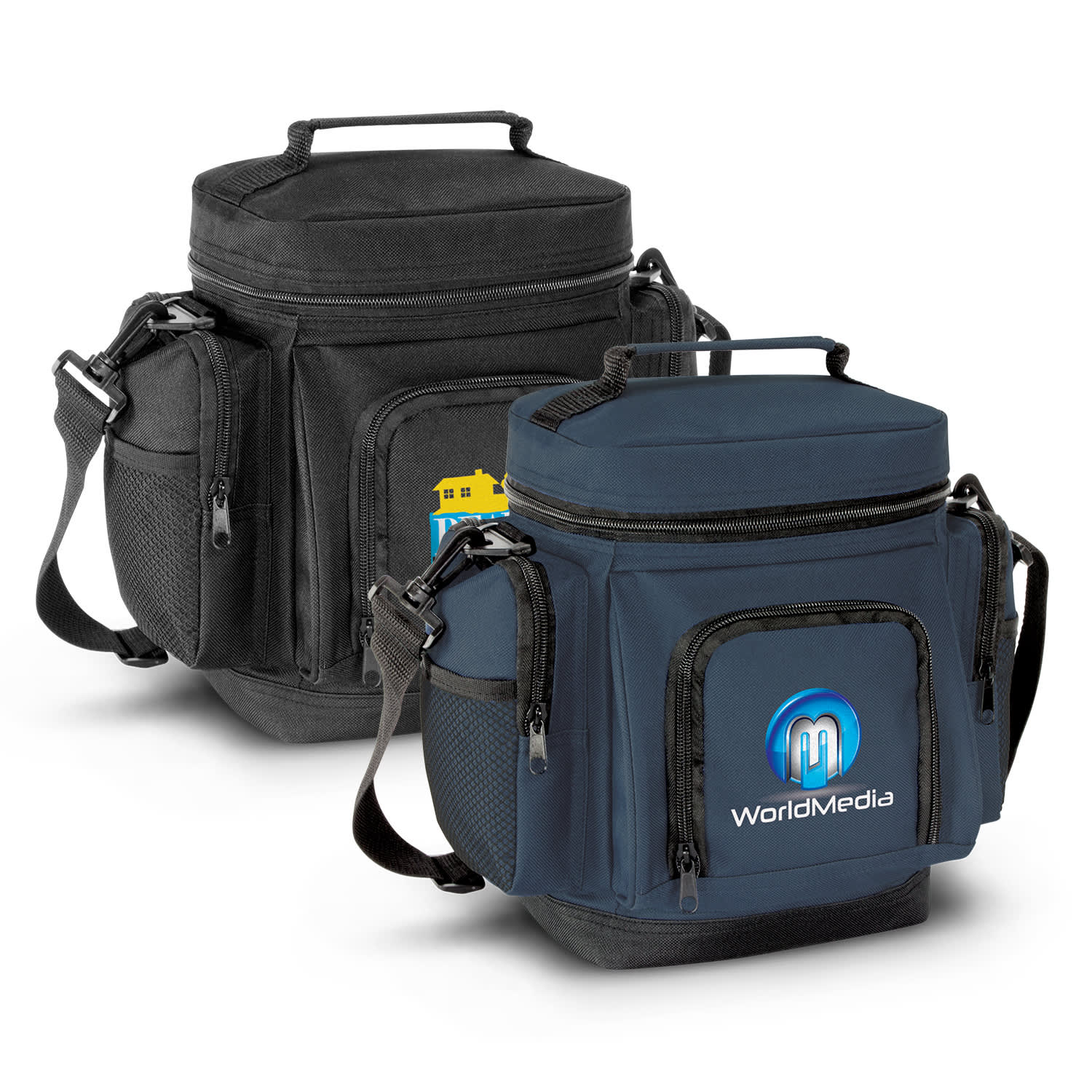 A Laguna Cooler Bag in black and navy, featuring side mesh pockets and a logo on the front. Laguna Cooler Bag - Image 1