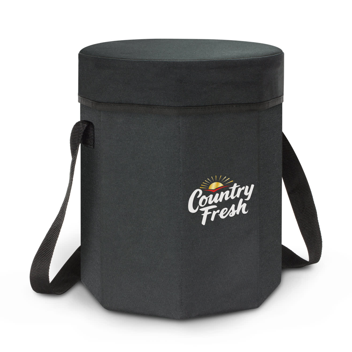 A black Igloo Cooler Seat with a round top, featuring a logo and sturdy straps for easy carrying. Igloo Cooler Seat - Image 1
