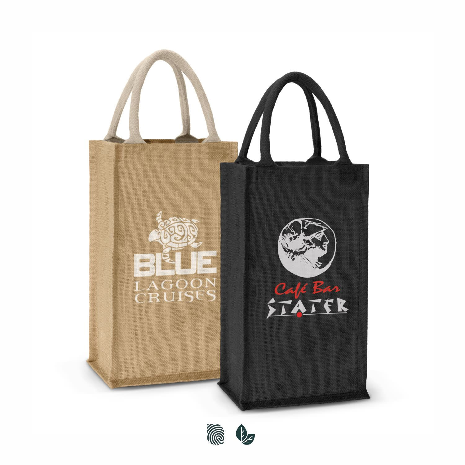 A jute double wine carrier in natural and black colours, featuring branding on both sides. Donato Jute Double Wine Carrier - Image 1