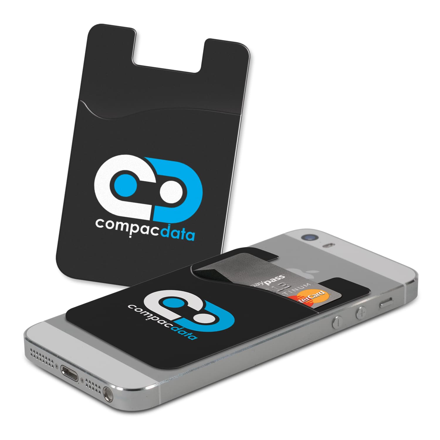 A black phone wallet with a card slot, displayed on a silver smartphone, featuring a logo. Meteor Phone Wallet - Image 1