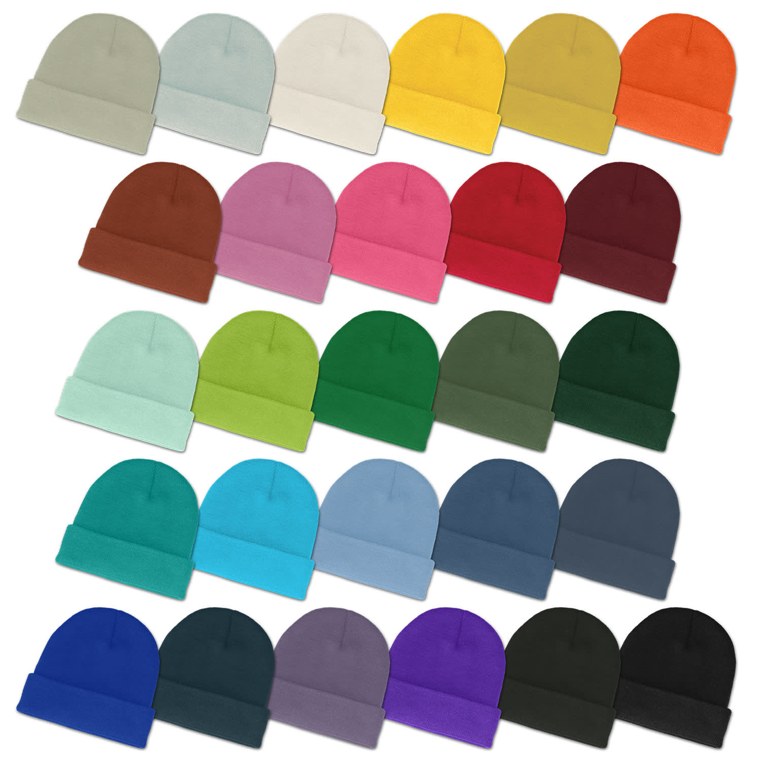 A collection of colourful beanies in various shades, including yellow, pink, green, and blue, arranged in rows. Everest Beanie - Image 1