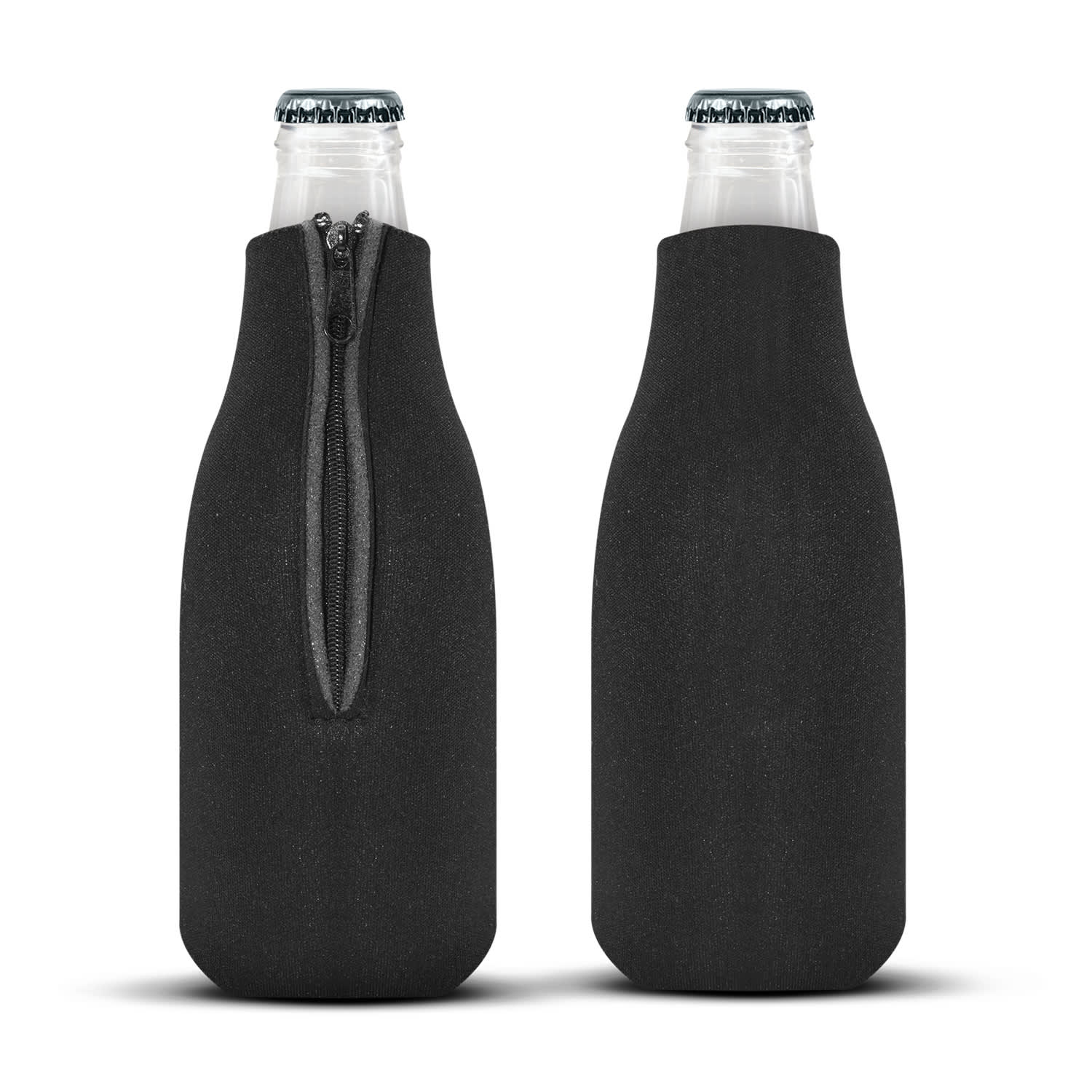 A drink bottle cooler featuring a sleek black design with a zipper for easy access. Bottle Buddy - Image 1
