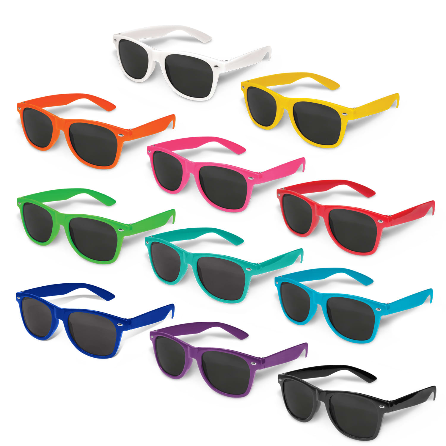 A selection of Malibu Premium Sunglasses in white, yellow, green, pink, red, blue, and purple, featuring dark lenses. Malibu Premium Sunglasses - Image 1