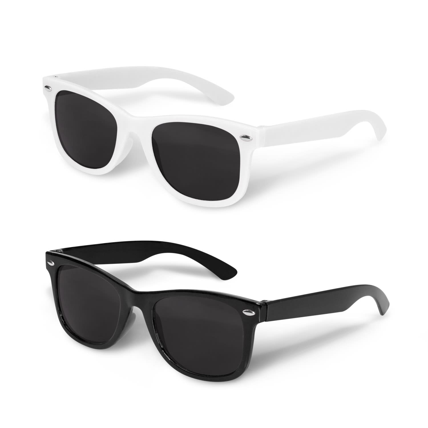 Malibu Kids Sunglasses featuring a pair of stylish sunglasses in white and black frames, both with dark lenses. Malibu Kids Sunglasses - Image 1