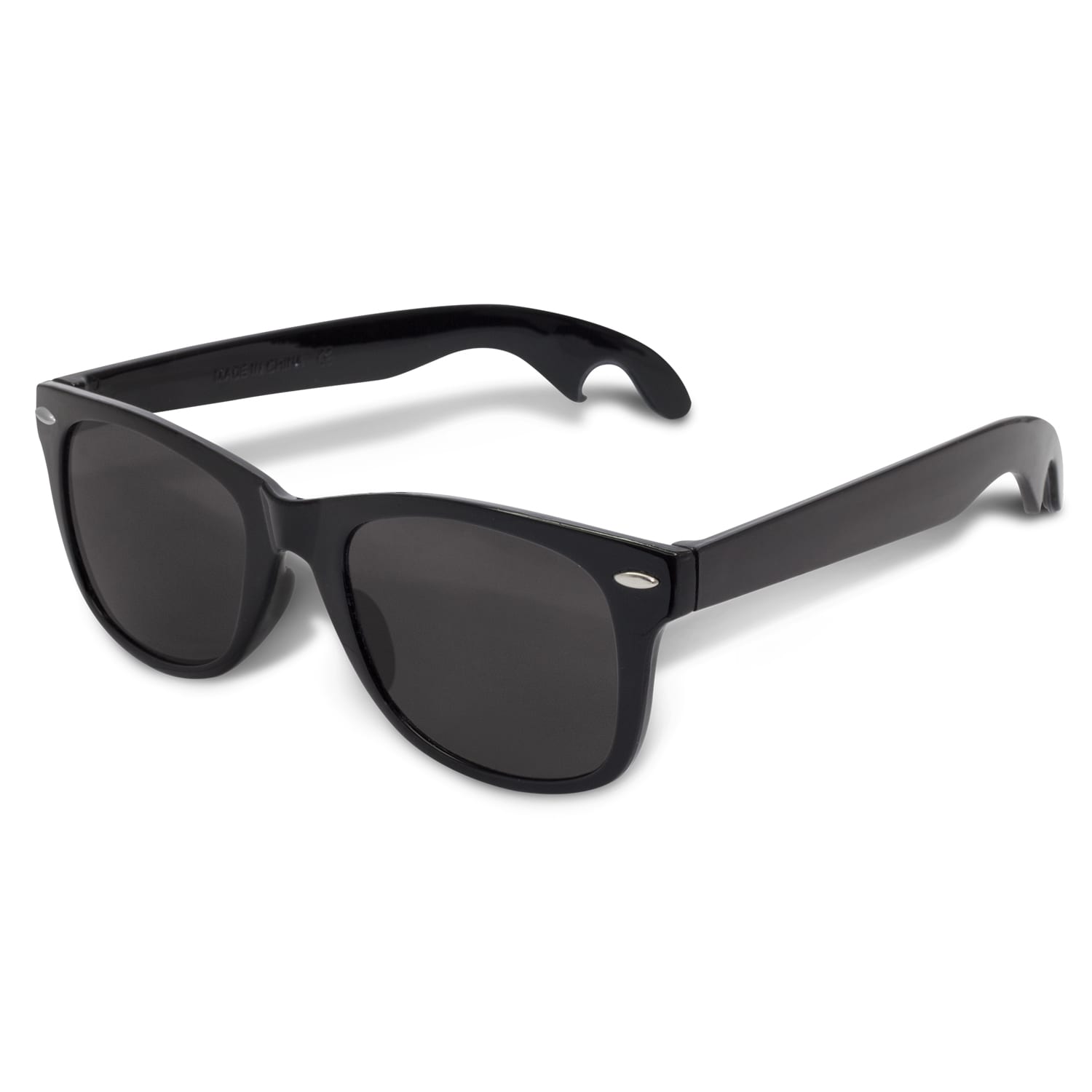 A drink bottle opener integrated into stylish black sunglasses, designed for leisure and outdoor activities. Malibu Sunglasses - Bottle Opener - Image 1