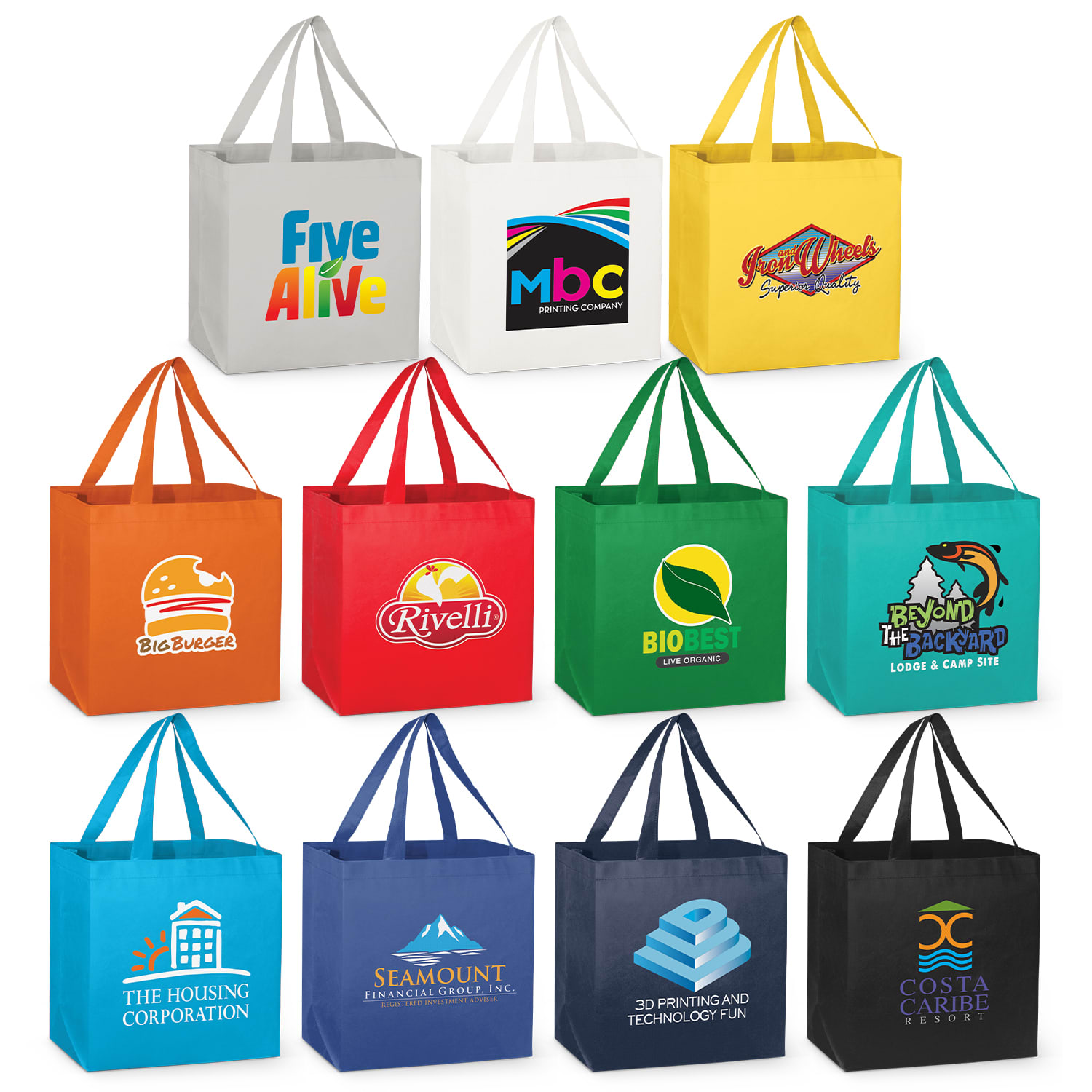 A collection of tote bags in various colours, featuring multiple logos and designs. Different shapes and sizes are displayed. City Shopper Tote Bag - Image 1