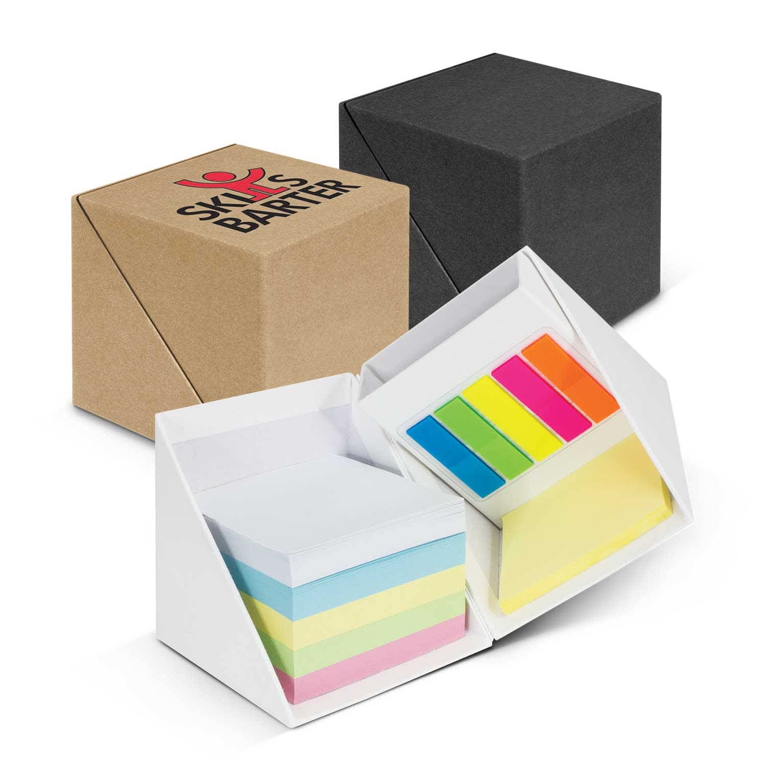 A multi-coloured sticky note set in a white cube with a black and brown cube surrounding it. The product has a logo on it. Desk Cube - Image 1