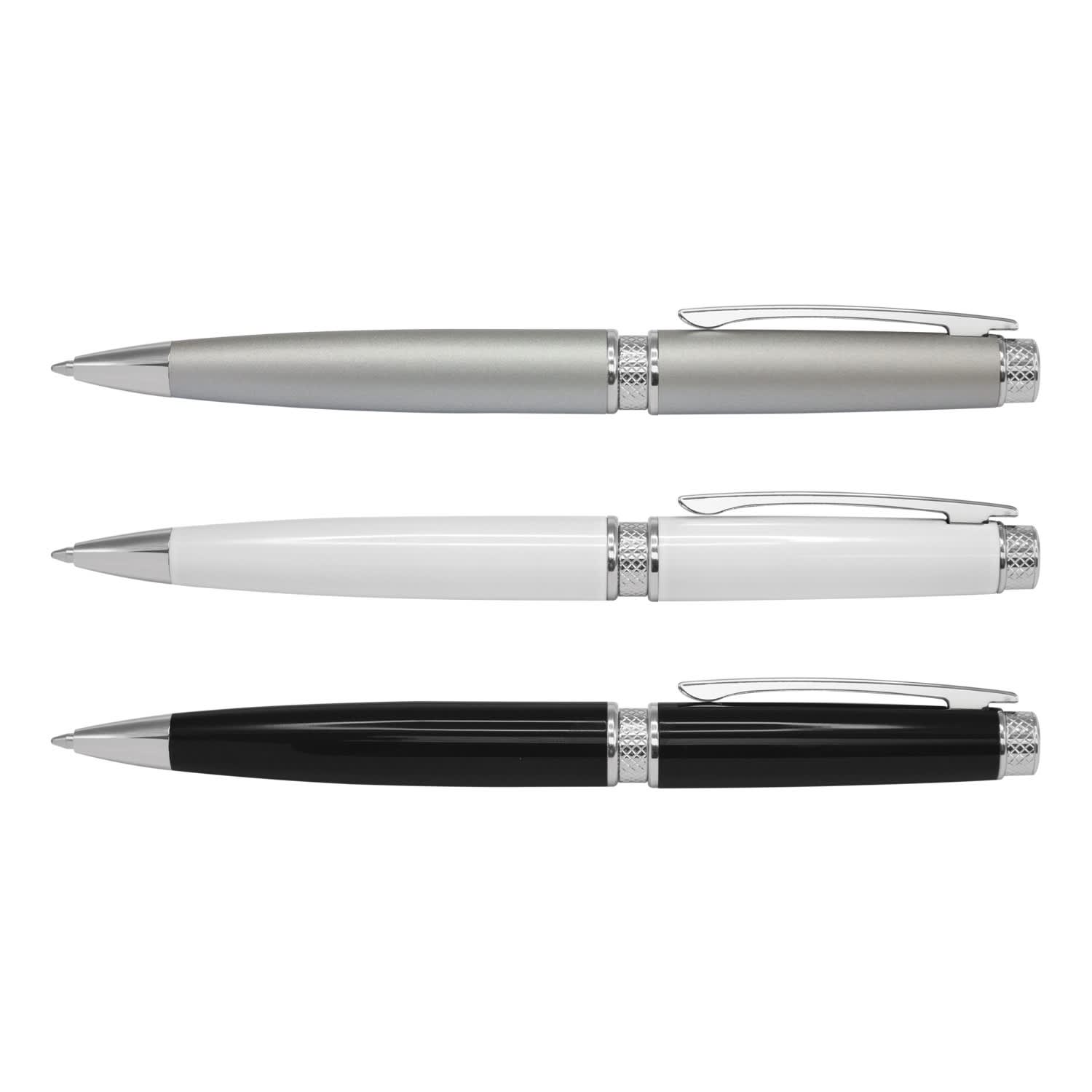 A collection of three metal pens in silver, white, and black finishes, showcasing a sleek design with chrome accents. Ambassador Pen - Image 1