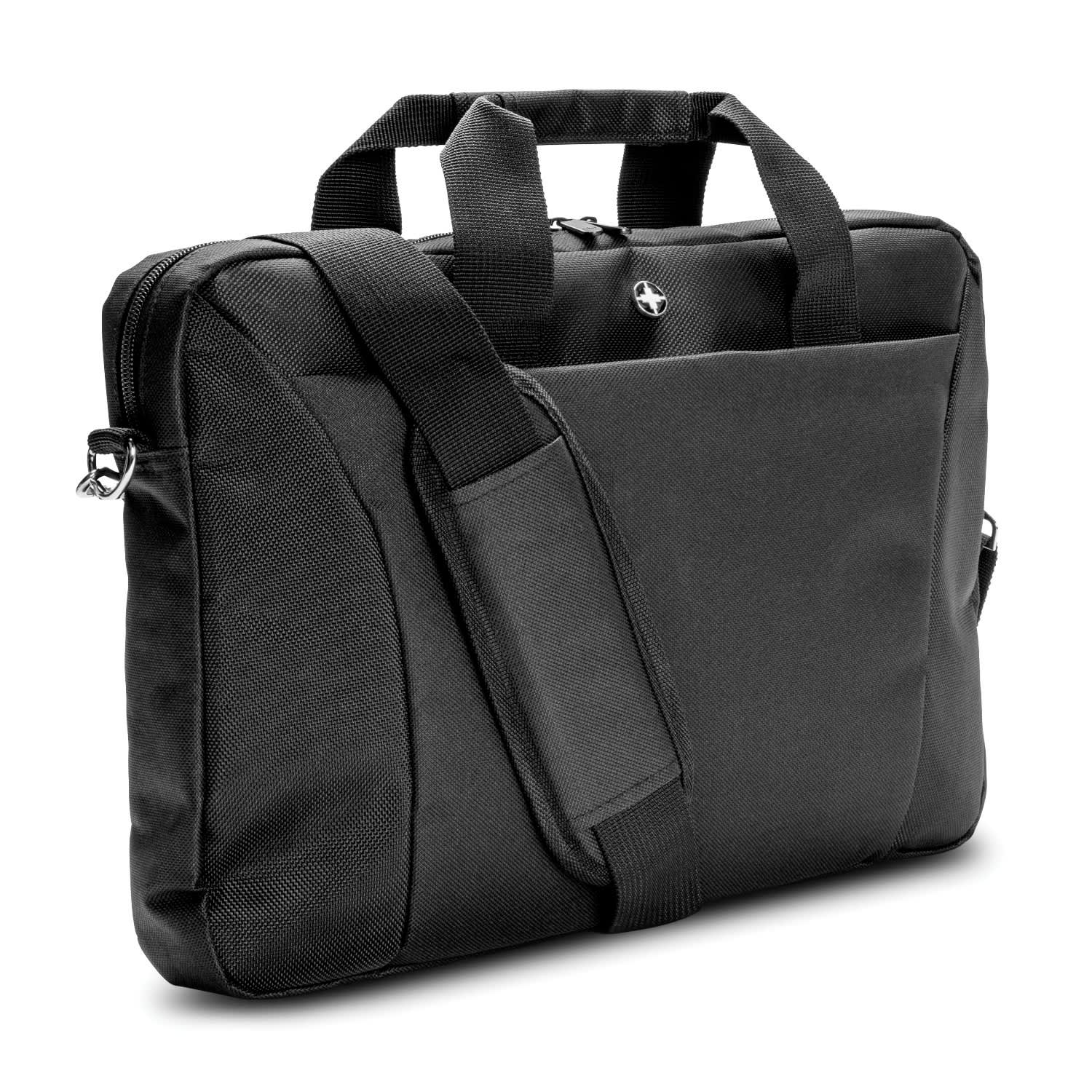 A black laptop bag with handles and a shoulder strap, featuring a logo on the front. Swiss Peak 38cm Laptop Bag - Image 1