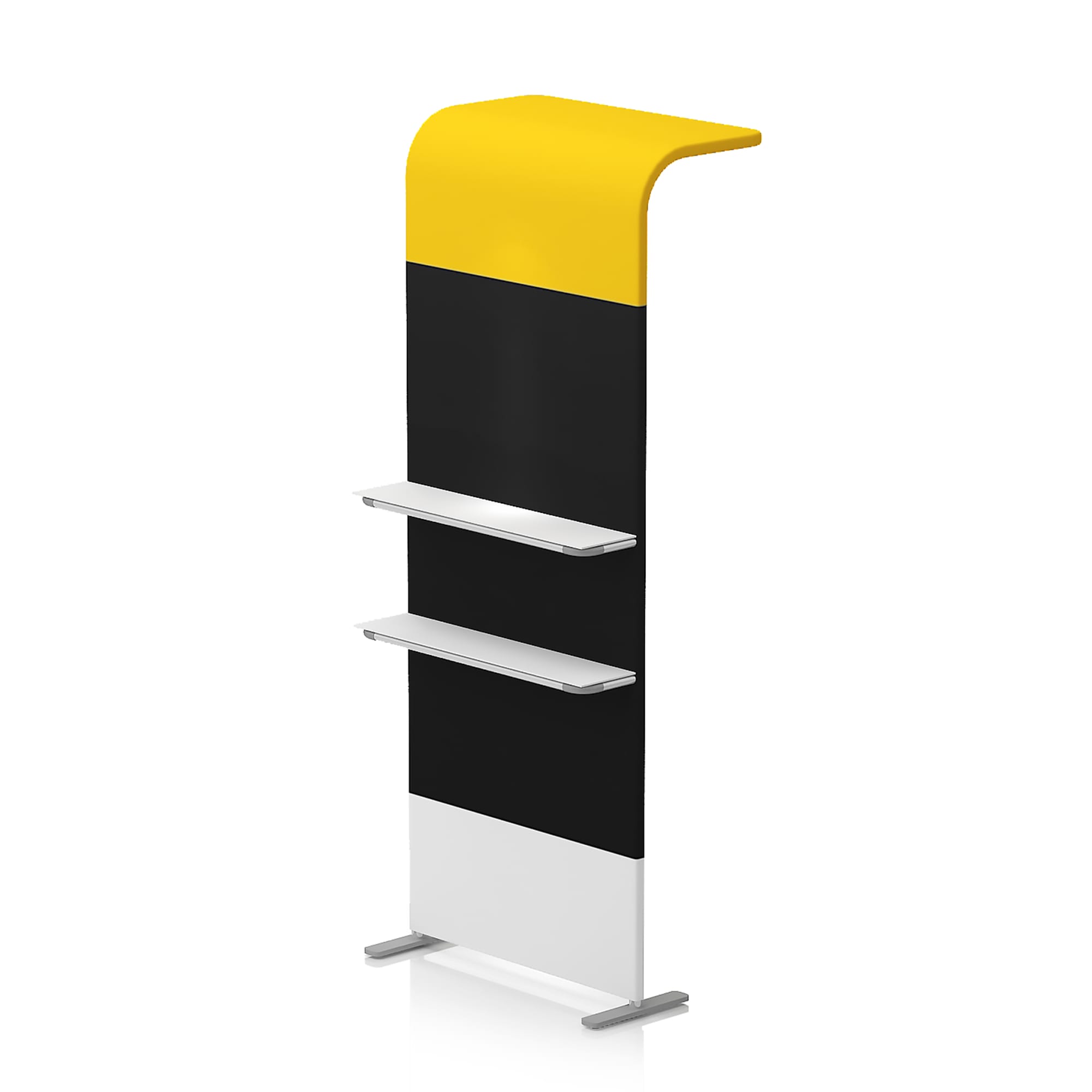 A promotional display stand featuring black, yellow, and white colours with three shelves for products. Tension Fabric Shelves Stand - Image 1