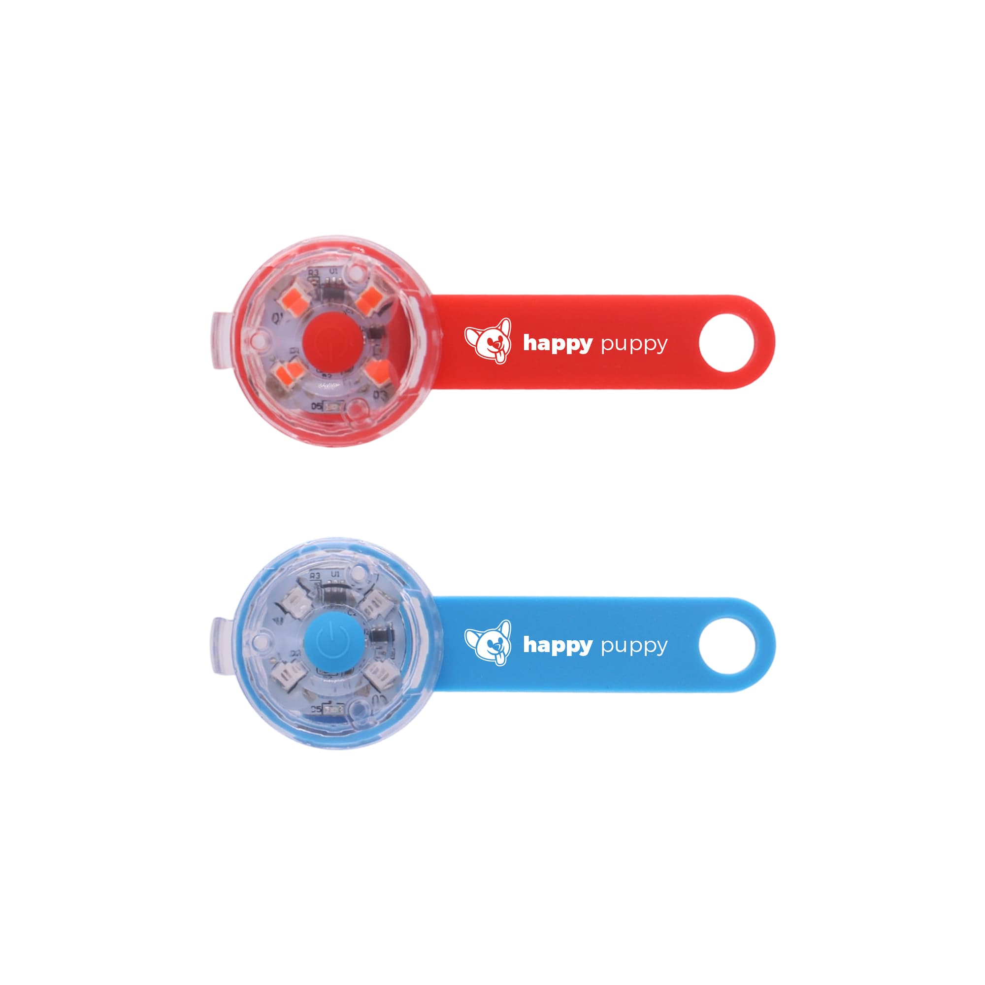 A red and blue LED pet collar light with a circular design and a handle, featuring a logo on the side. LED Pet Collar Light - Image 1