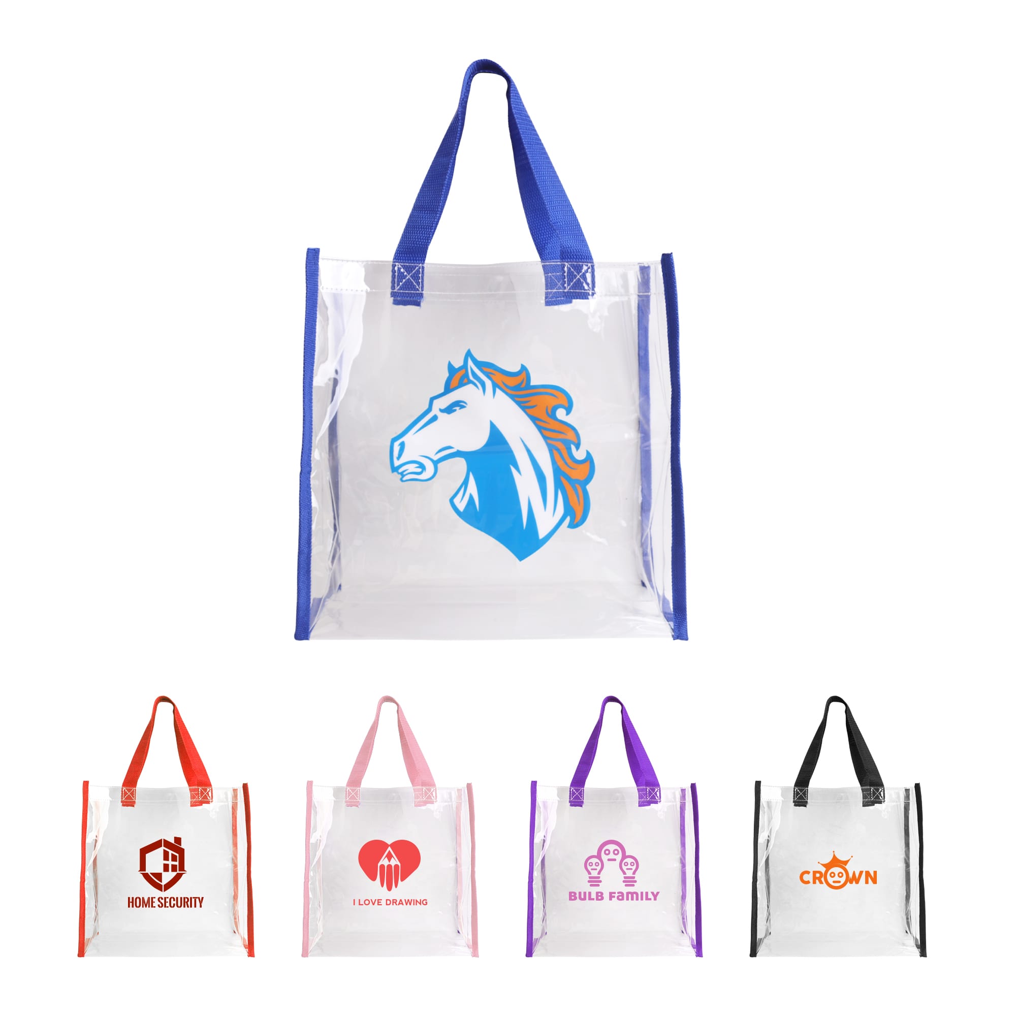 A clear tote bag with blue handles and a logo. Four additional clear tote bags in various colours with different designs. Clear tote bag - Image 1