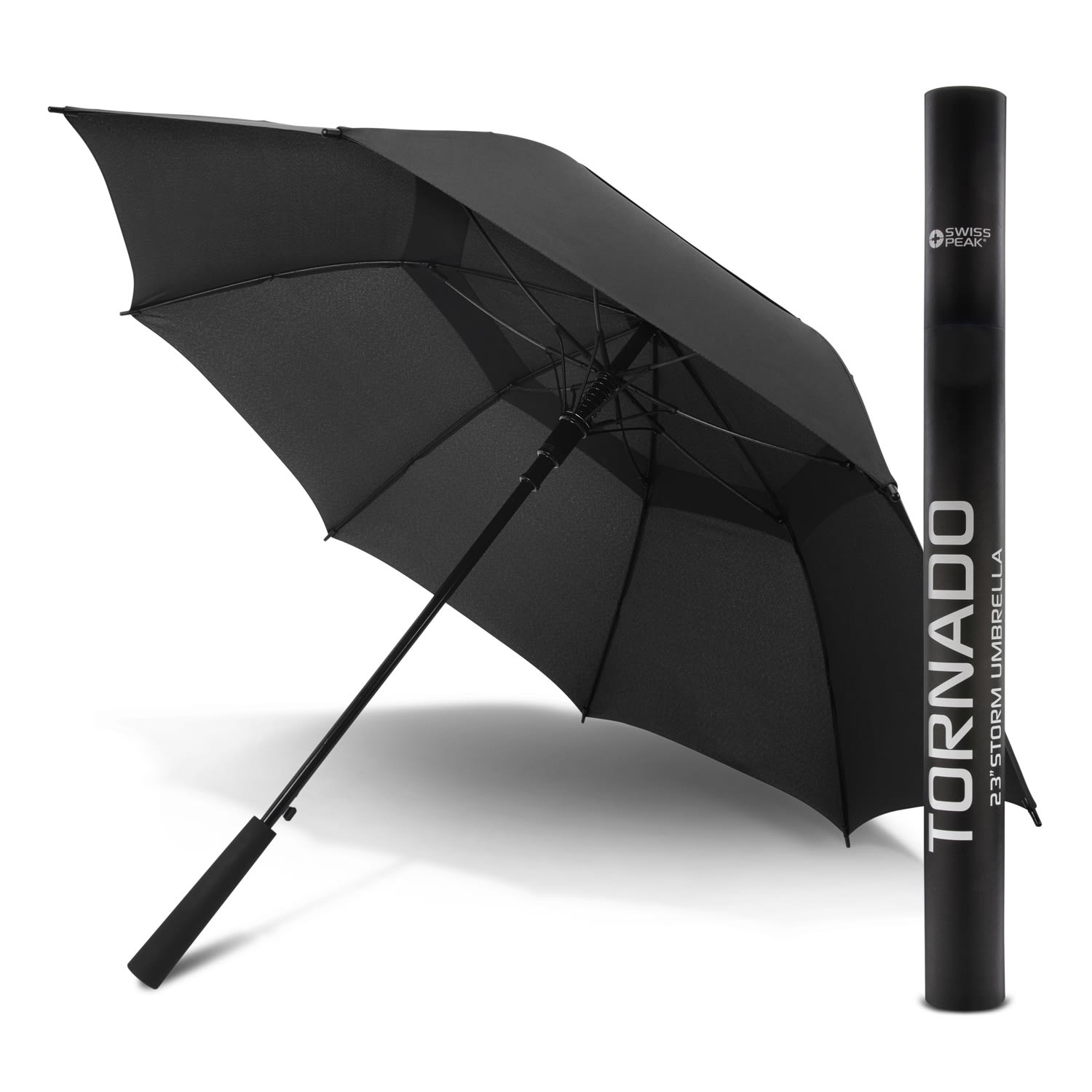 A black Swiss Peak Tornado 58cm umbrella and its matching storage tube, featuring a simple design. Swiss Peak Tornado 58cm Umbrella - Image 1