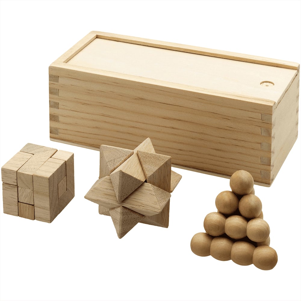 A wooden brain teaser set featuring four puzzles in natural wood tones, stored in a wooden box. Brainiac 3-Piece Wooden Brain Teaser Set - Image 1