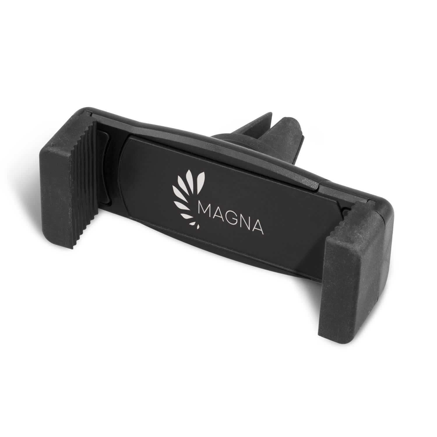 A black car phone holder with a logo, featuring adjustable grips for securing mobile devices. Transit Car Phone Holder - Image 1