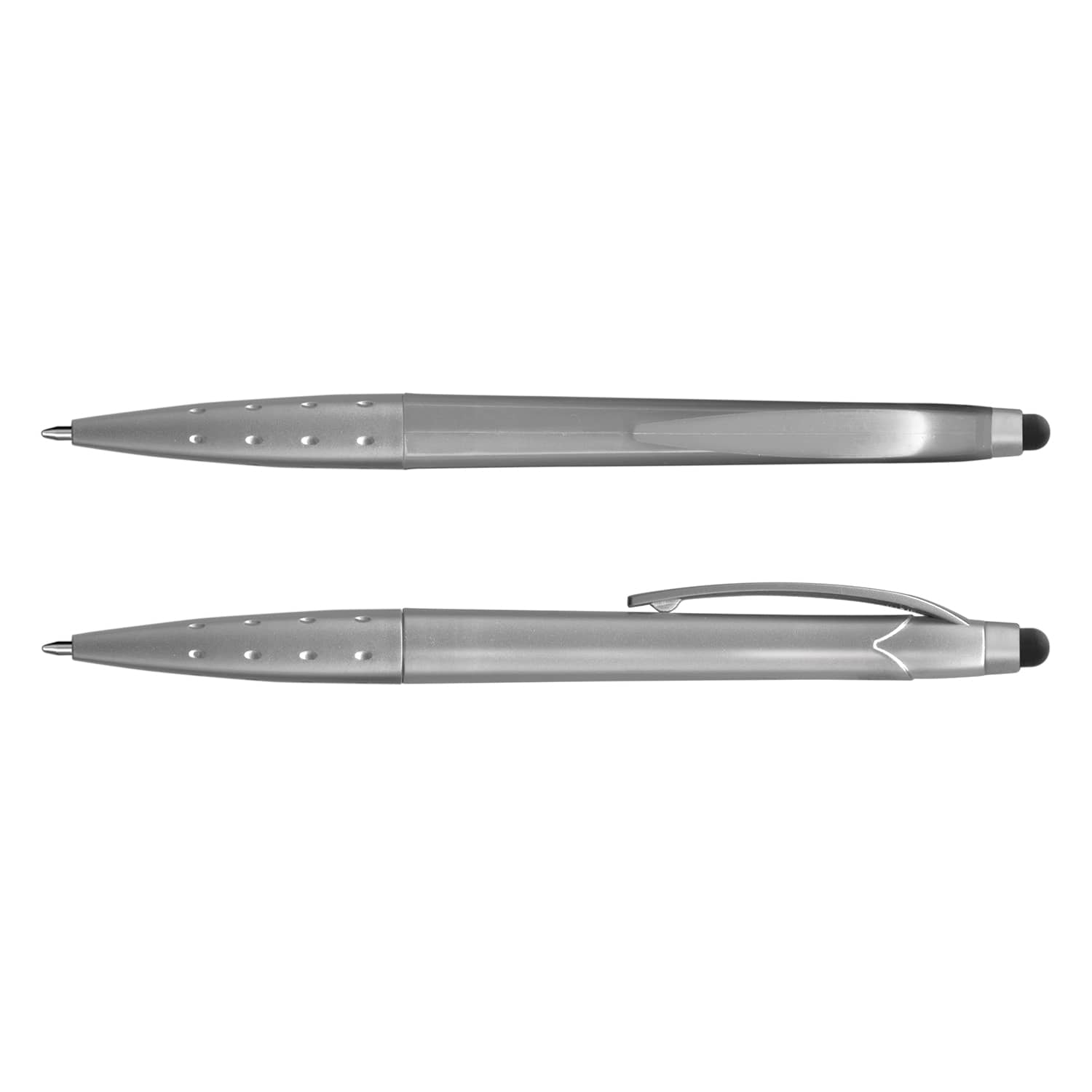 A metallic stylus pen with a sleek design, featuring a textured grip and a clip, in shades of silver. Spark Stylus Pen - Metallic - Image 1