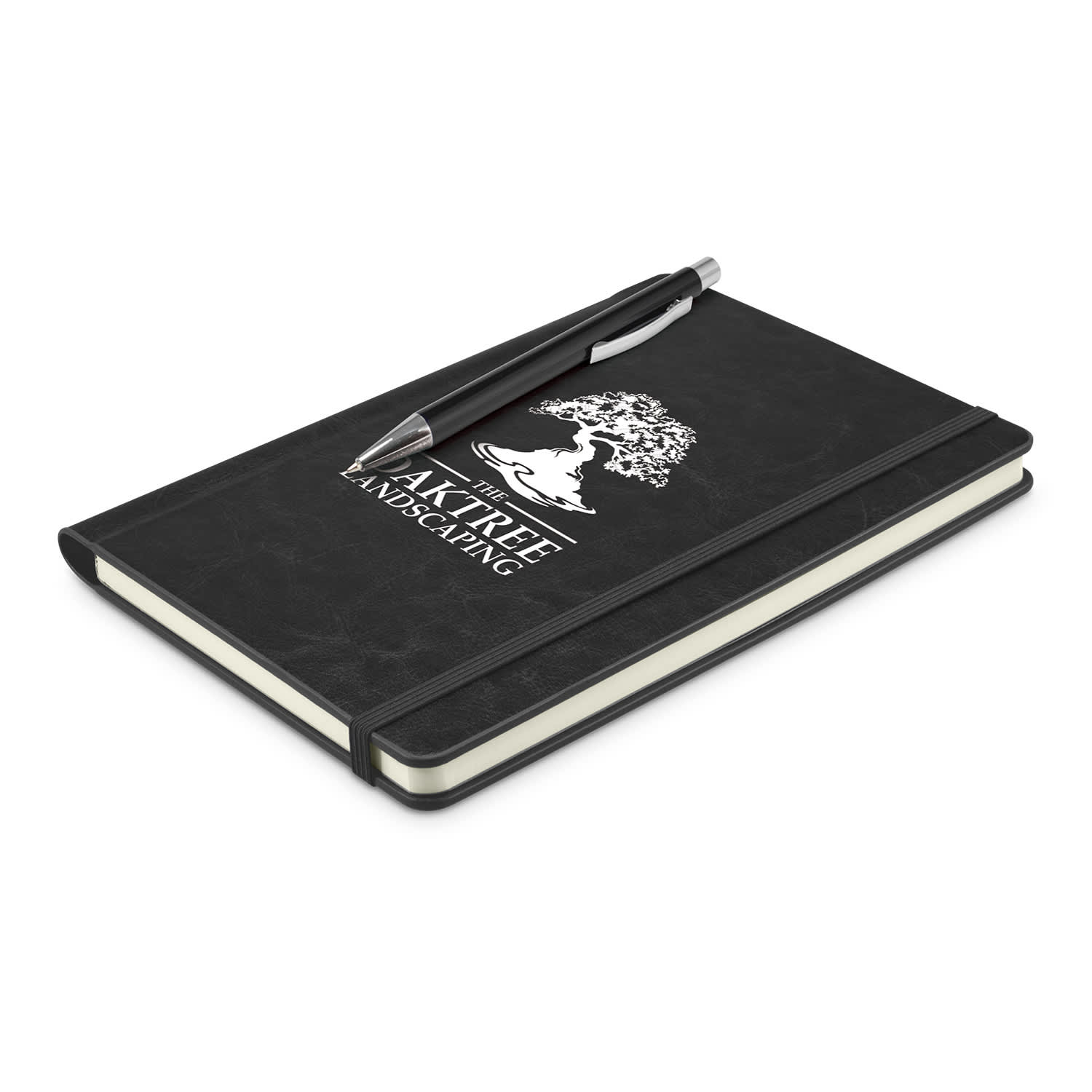 A black notebook with an elastic band and a pen resting on top, featuring a logo on the cover. Rado Notebook with Pen - Image 1