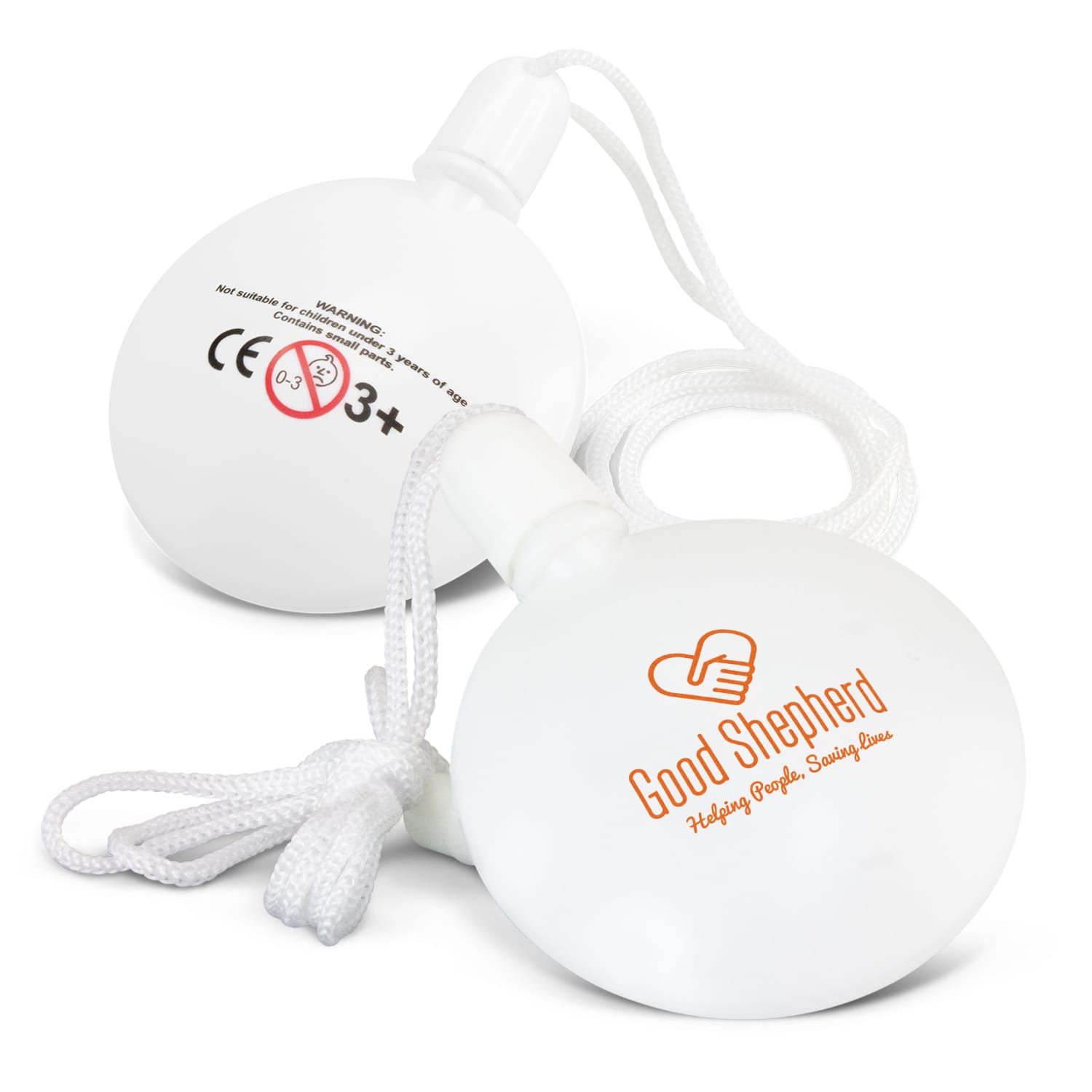 A white round bubble kit with a string, featuring a logo on one side. Funky Bubble Kit - Image 1