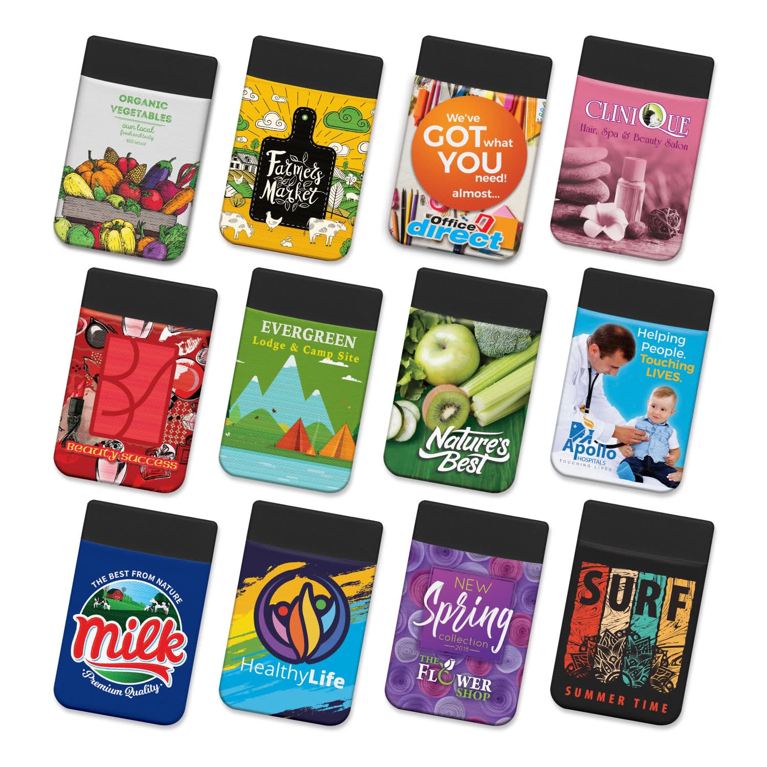 A collection of full-colour Lycra phone wallets featuring various designs and vibrant colours, each with a logo. Lycra Phone Wallet - Full Colour - Image 1