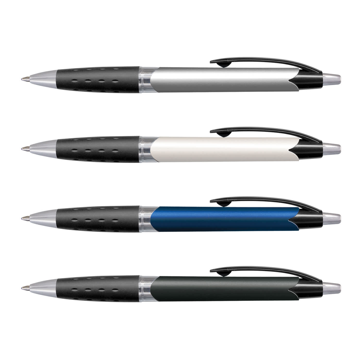 Four plastic pens in silver, white, blue, and green, each featuring a black grip and a logo. Vista Pen - Image 1