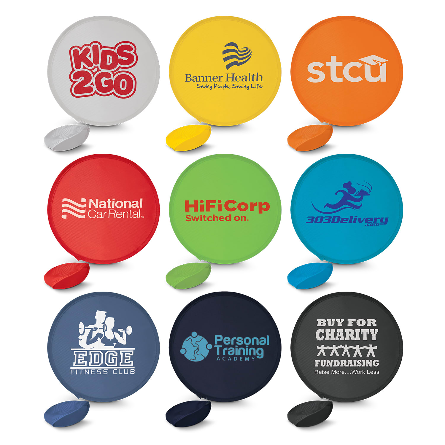 A set of nine colorful flying discs, each featuring a different logo or design, arranged in a grid layout. Fan with Pouch - Image 1
