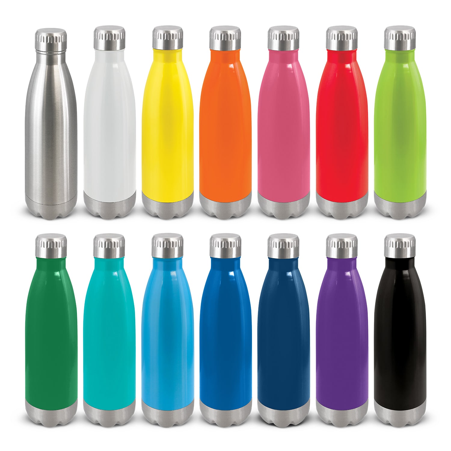 A drink bottle collection featuring various colours, including stainless steel, white, yellow, orange, pink, red, green, blue, and black. Mirage Steel Bottle - Image 1