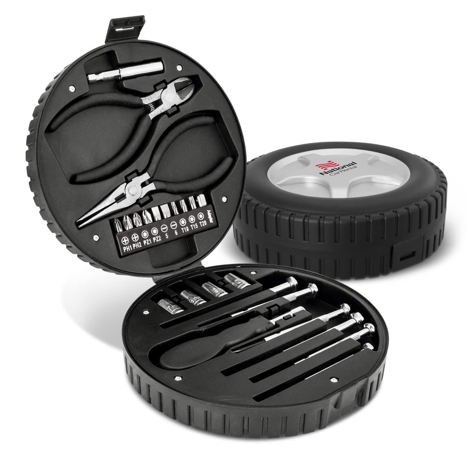A circular toolkit in a black tyre-shaped case, featuring pliers, screwdriver bits, and various tools. Zephyr Tool Kit - Image 1