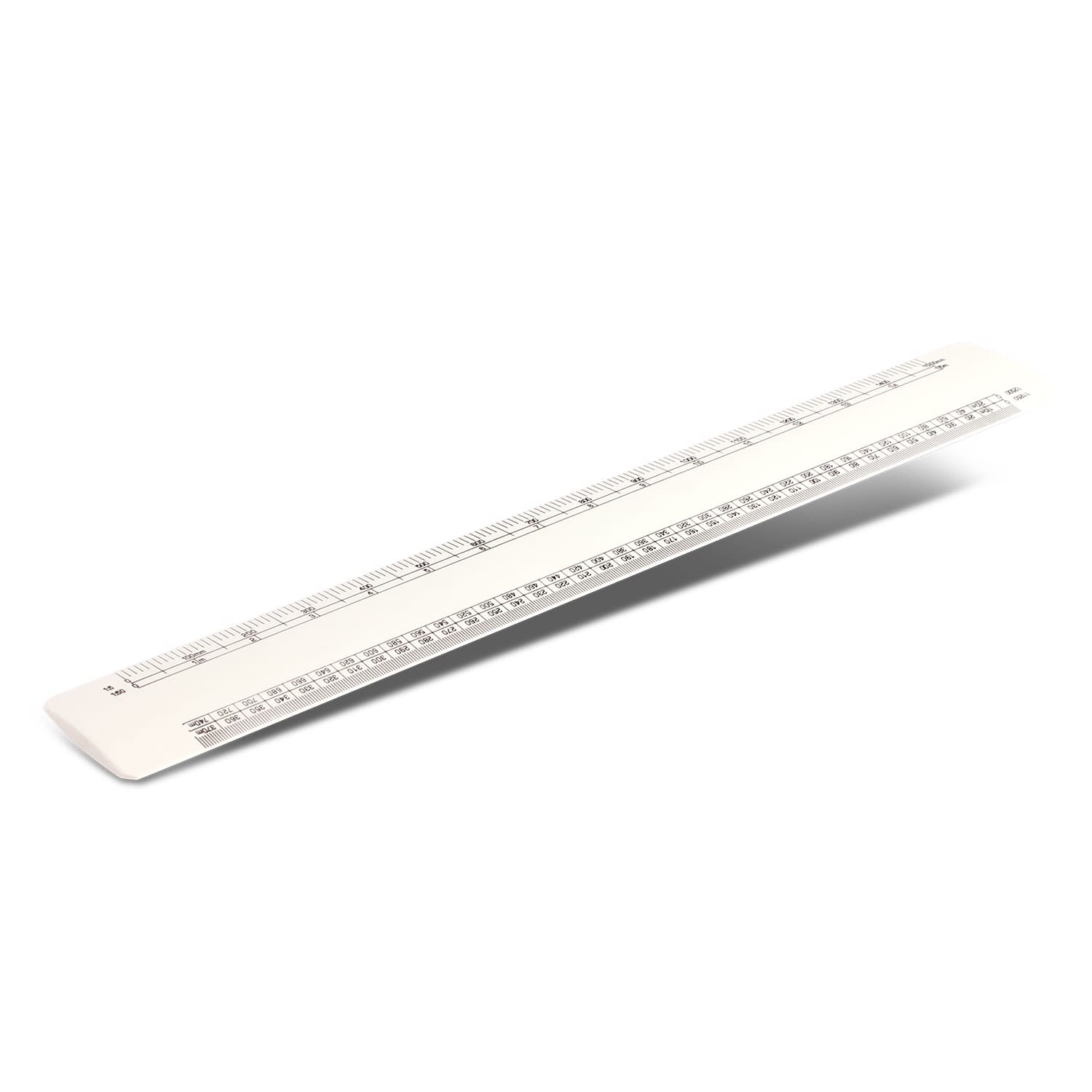 A white scale ruler with clear measurement markings. It has a logo on one end. Scale Ruler - Image 1