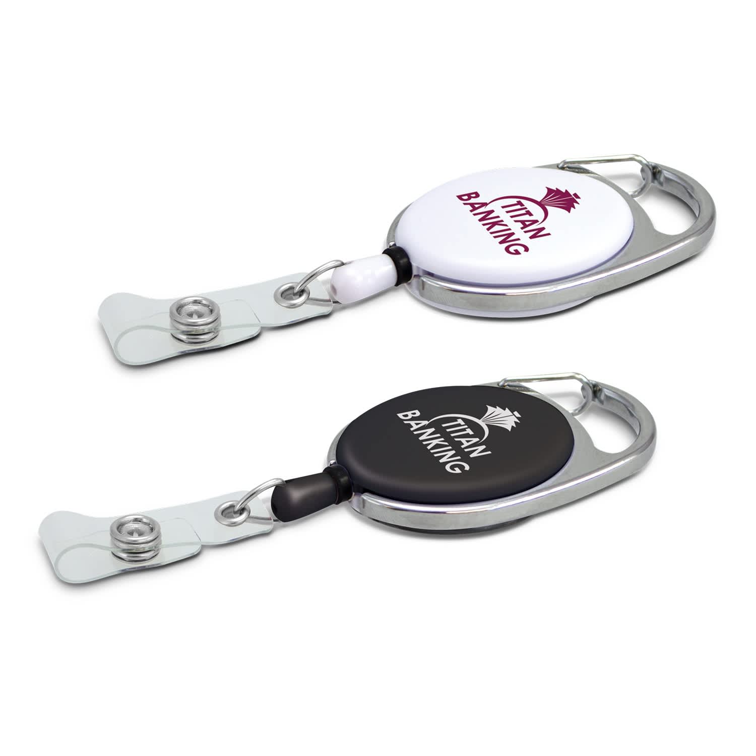 A retractable ID holder in white and black, featuring a carabiner clip and a logo. Evo Retractable ID Holder - Image 1