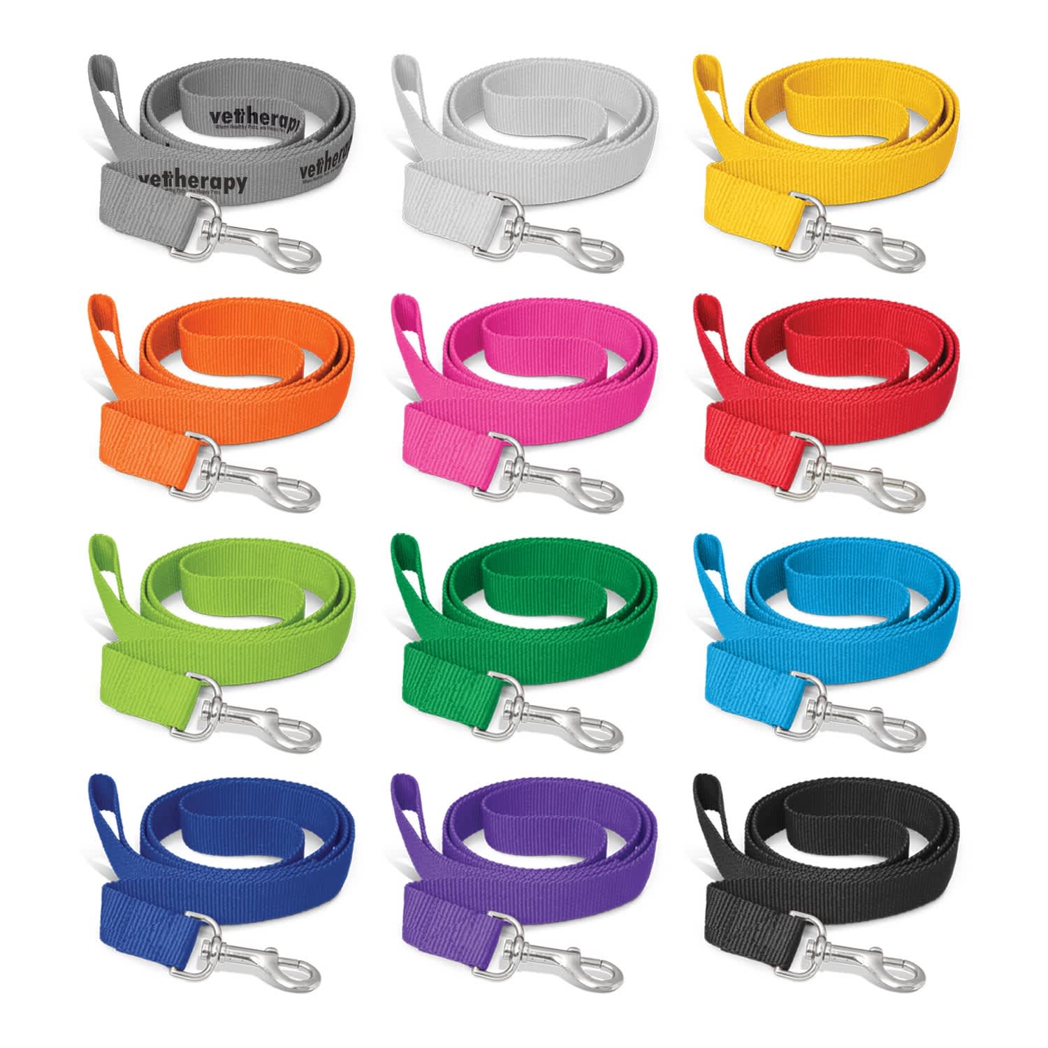 A collection of colourful dog leashes in various shades including grey, yellow, orange, pink, green, blue, purple, and black, each with a clip. Trek Dog Leash - Image 1