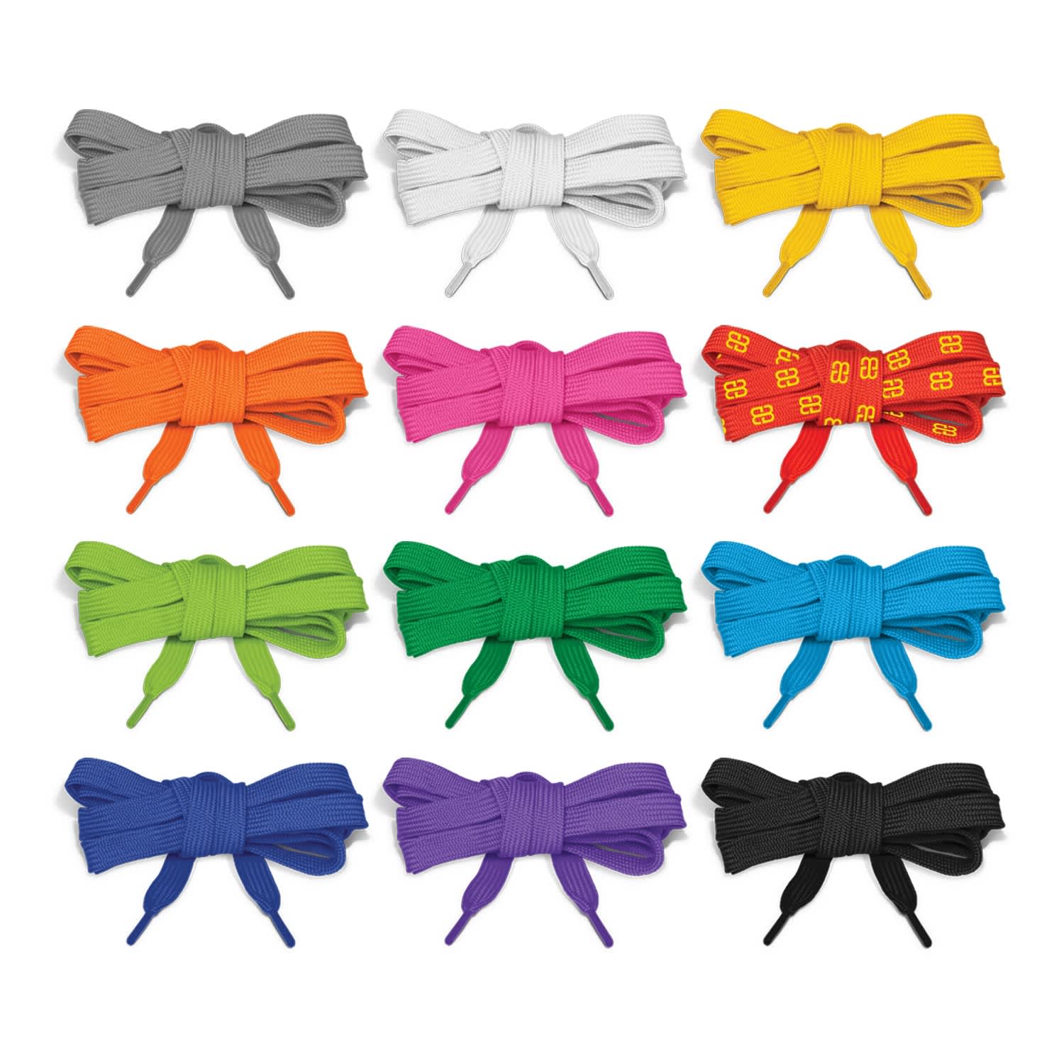 A collection of shoelaces in various colours, including grey, white, yellow, pink, green, and black, all tied in bows. Shoe Laces - Image 1