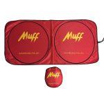 A red sunshade with two circular sections, featuring a logo in the centre and a compact storage pouch.