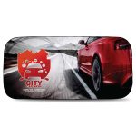 A promotional car sunshade featuring a red sports car and a logo, designed with a dynamic road background.
