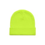 A bright neon yellow beanie featuring a fold-over cuff and a simple design, with a logo on the side.