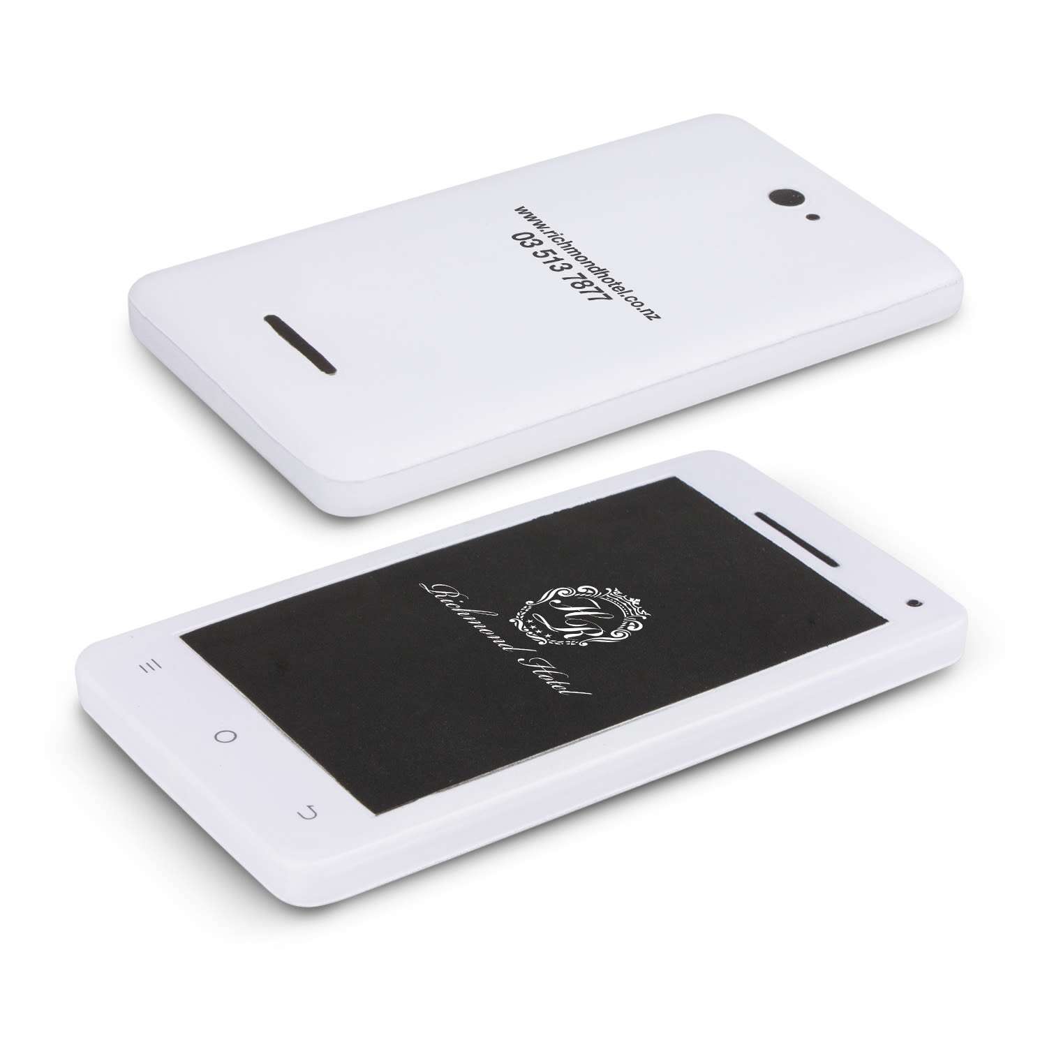 A white stress keyring shaped like a smartphone with a black screen side and a logo on the back. Stress Smart Phone - Image 1