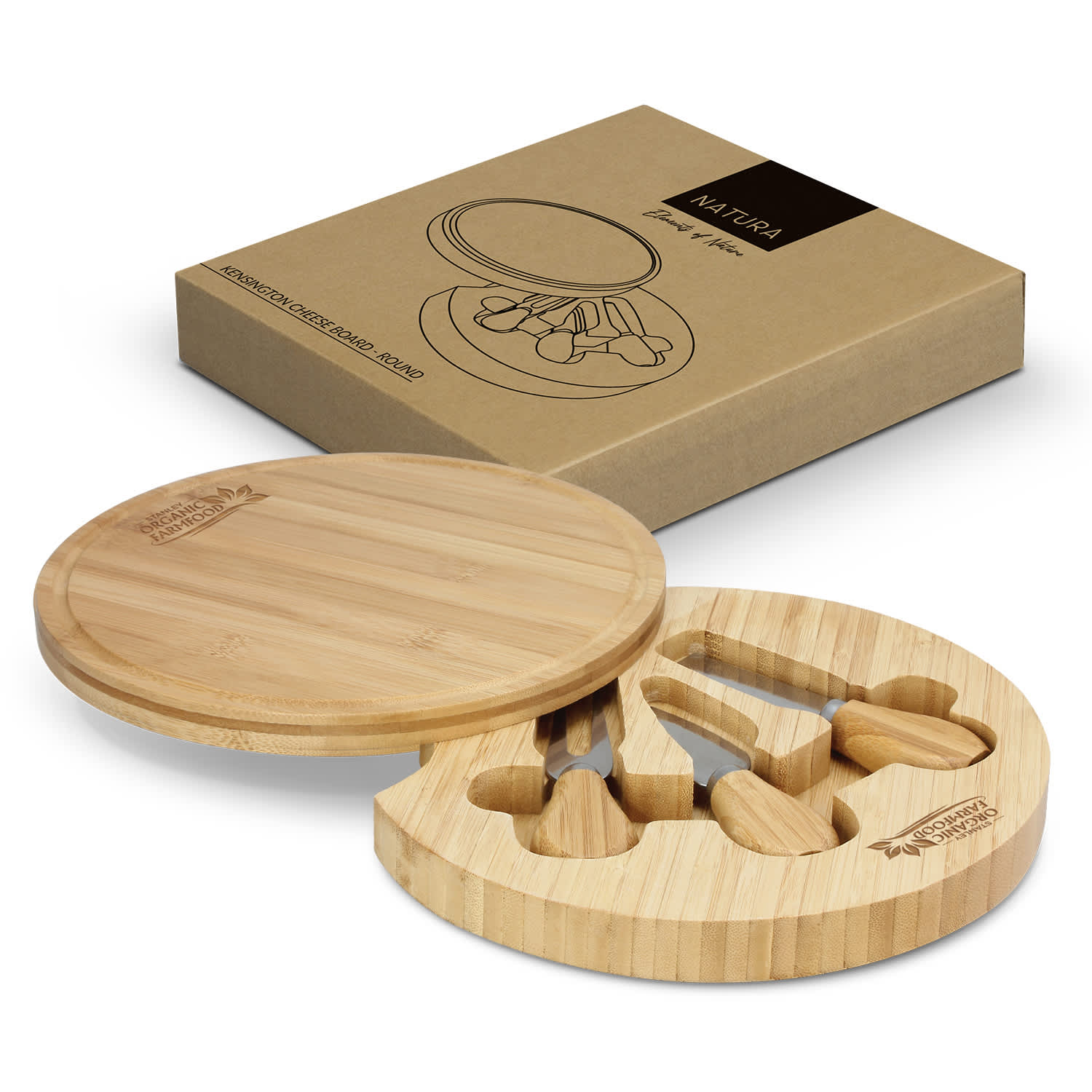 A round bamboo cheese board with three cheese knives, displayed in a cardboard box with a logo. NATURA Kensington Cheese Board - Round - Image 1