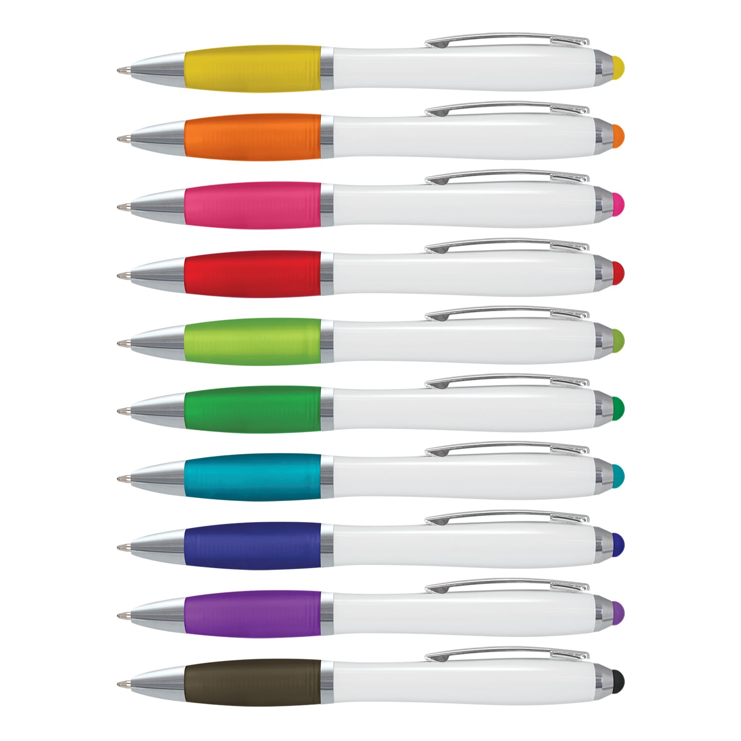 A collection of stylus pens with white barrels and vibrant coloured grips in various shades. Each pen includes a pocket clip. Vistro Stylus Pen - White Barrel - Image 1