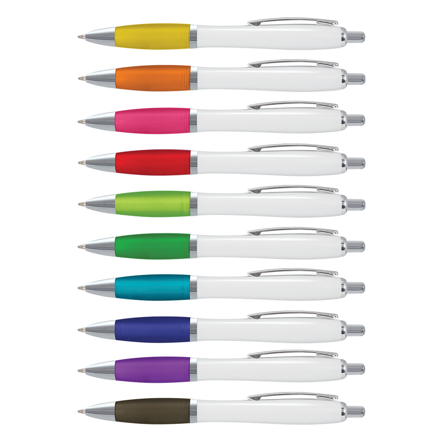 A collection of plastic pens with white barrels and colourful grips in yellow, orange, pink, green, blue, and purple. Vistro Pen - White Barrel - Image 1