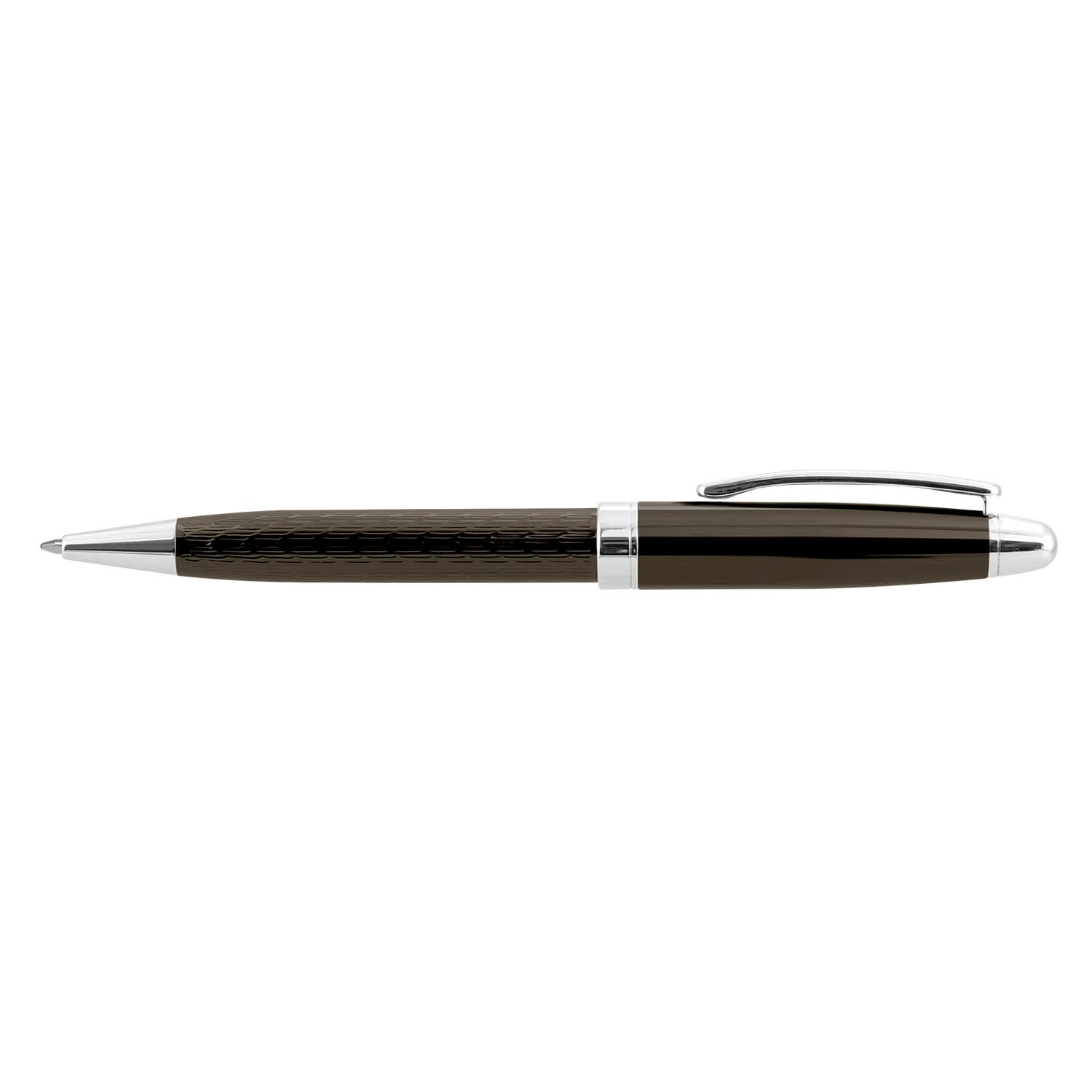 A metal pen in black with a glossy finish and silver accents, featuring a clip and a textured grip area. Monarch Pen - Image 1