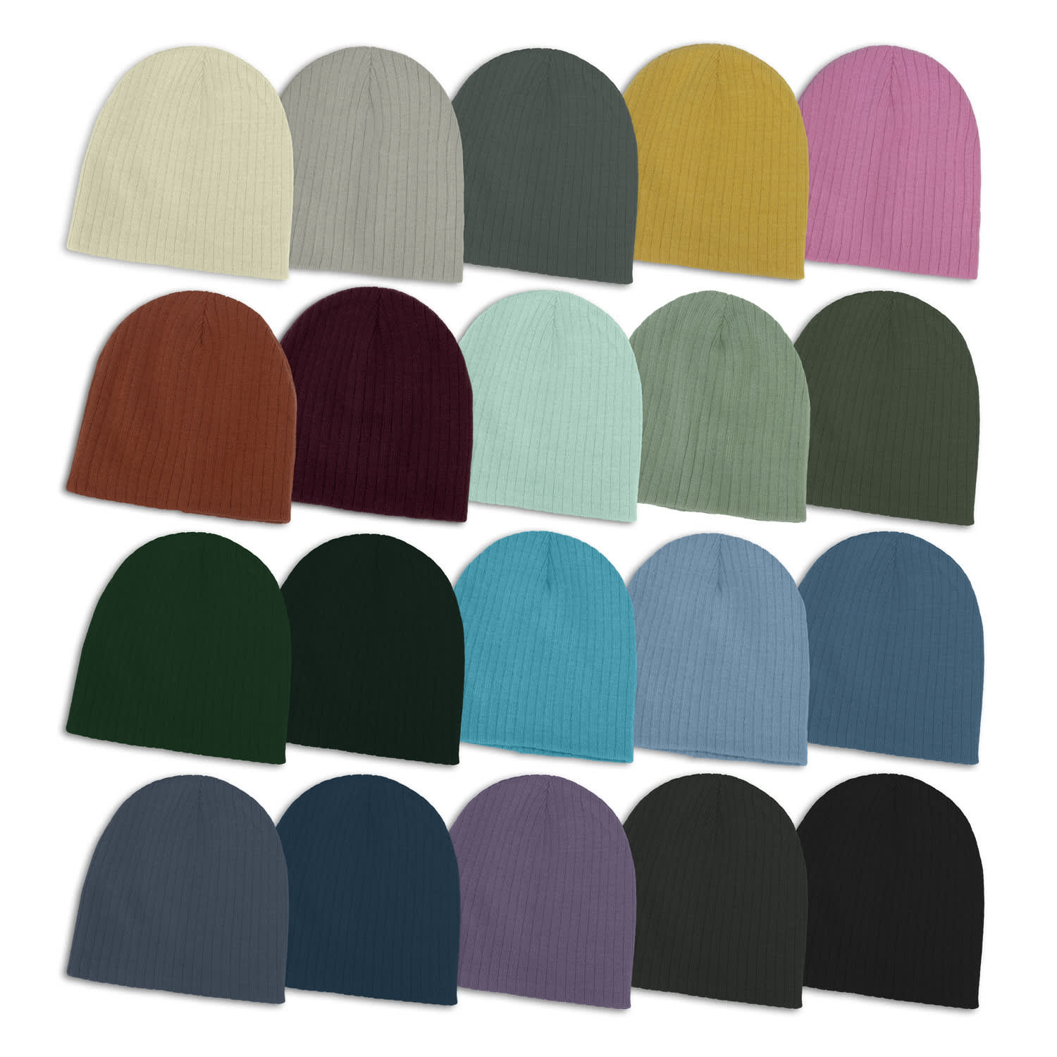 A series of cable knit beanies in various colours, including cream, grey, green, purple, and burgundy, arranged in a grid. Nebraska Cable Knit Beanie - Image 1