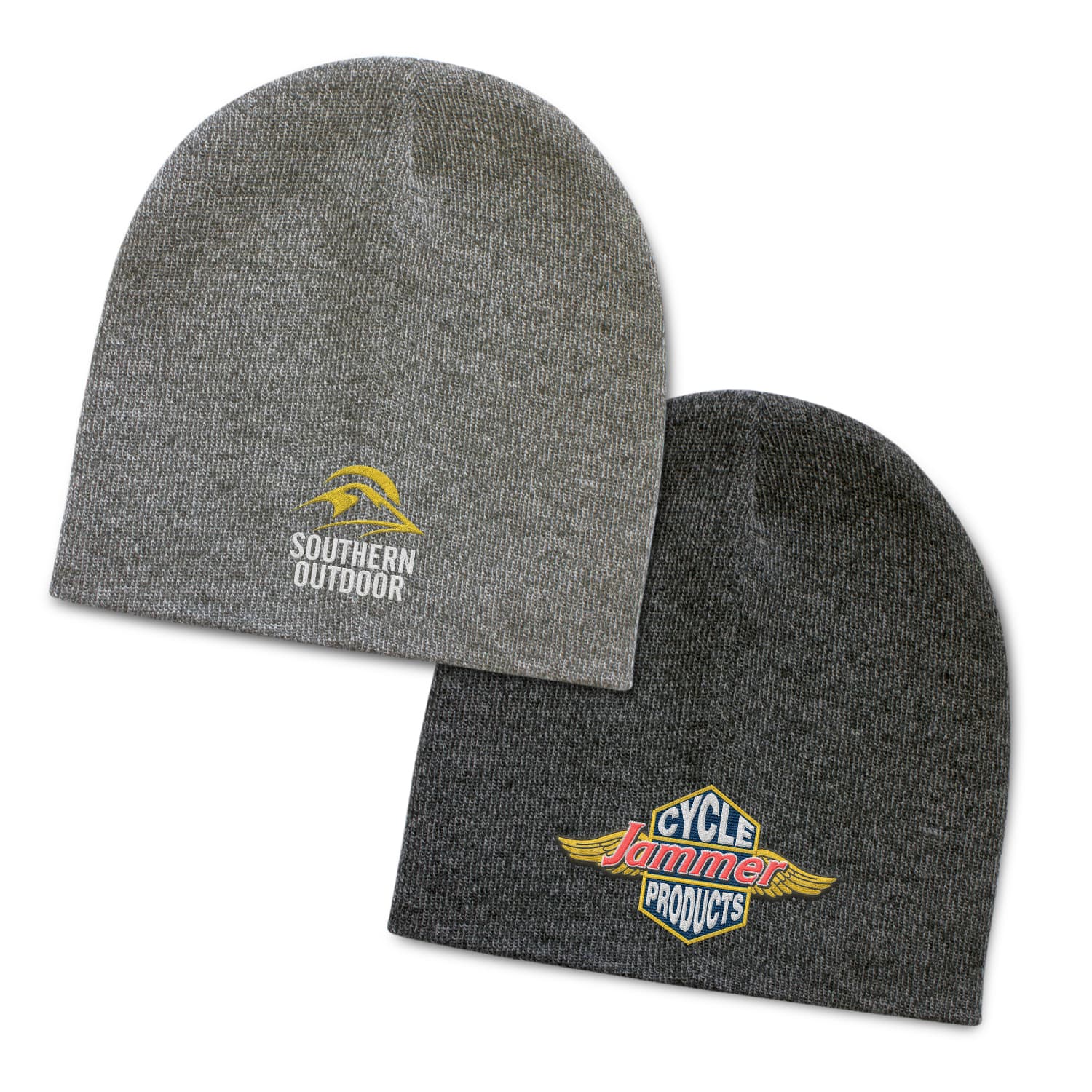 A grey knit beanie and a charcoal knit beanie, both with logos embroidered on the front. Commando Heather Knit Beanie - Image 1