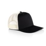 A black trucker cap with a mesh back and a solid black front. The cap features a logo on the front.
