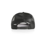A black trucker cap with a mesh back and adjustable snap closure. The interior features a plain design.