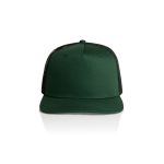 A green trucker cap with a solid front and mesh back, featuring a logo on the front.