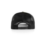A black trucker cap with a mesh back and an adjustable strap. It features a solid front panel and no visible logo.